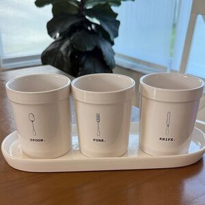 Rae Dunn Artisan Collection Ceramic Utensil Holder Set With Illustrated Design
